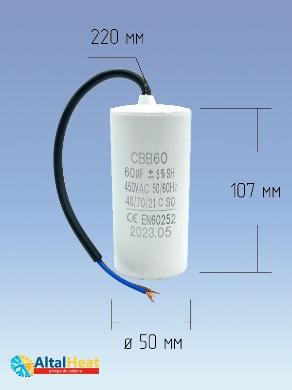 Пусковой конденсатор CBB60 60 μF 450 В Condensator de pornire CBB60 60 μF 450 V dimensiune