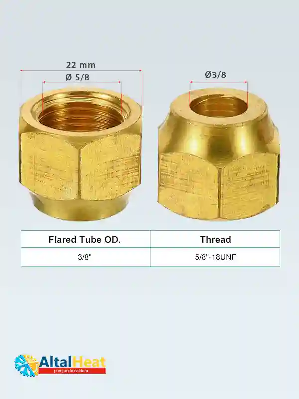 Piuliță SAE pentru țeavă frigorifică 3/8" filet 5/8-18 UNF Piuliță AC redusă F5/8 – ieșire 3/8 pentru îmbinări și fitinguri